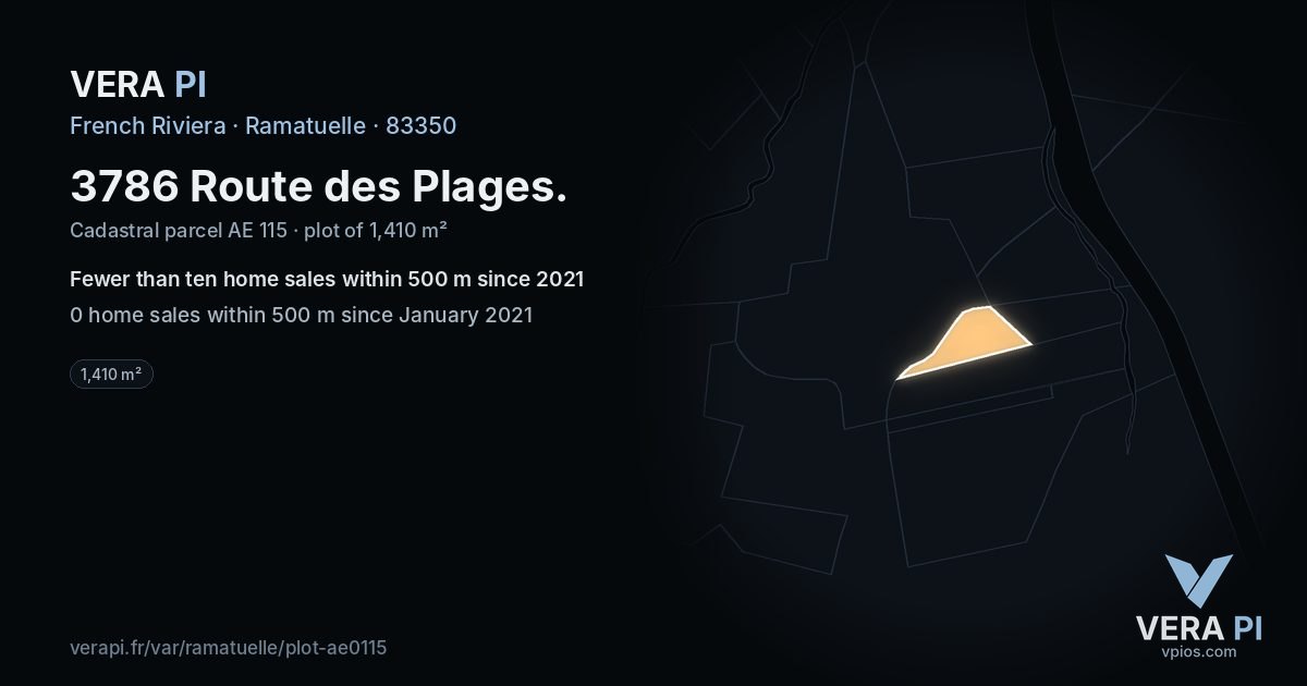 3786 Route des Plages, Ramatuelle at night – the plot lit, the parcels around coloured by the prices near them