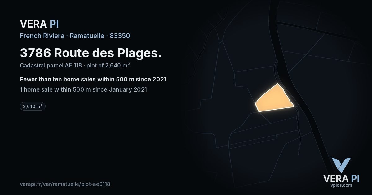 3786 Route des Plages, Ramatuelle at night – the plot lit, the parcels around coloured by the prices near them