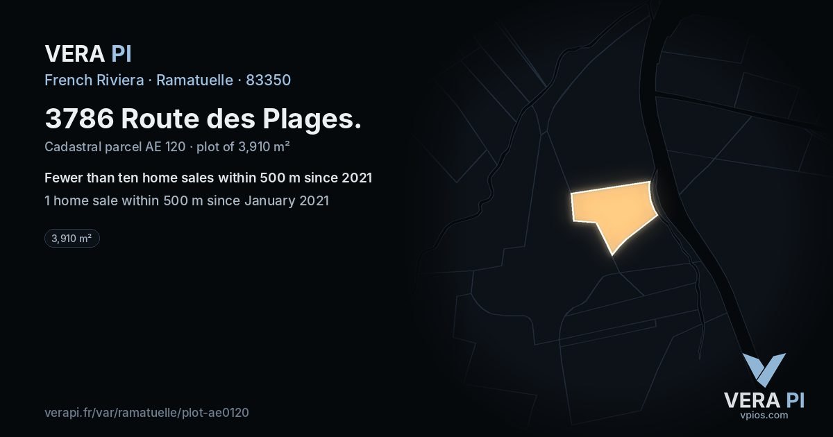 3786 Route des Plages, Ramatuelle at night – the plot lit, the parcels around coloured by the prices near them