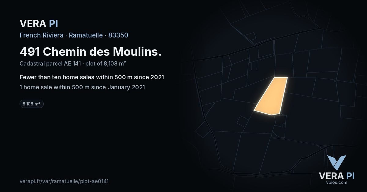 491 Chemin des Moulins, Ramatuelle at night – the plot lit, the parcels around coloured by the prices near them
