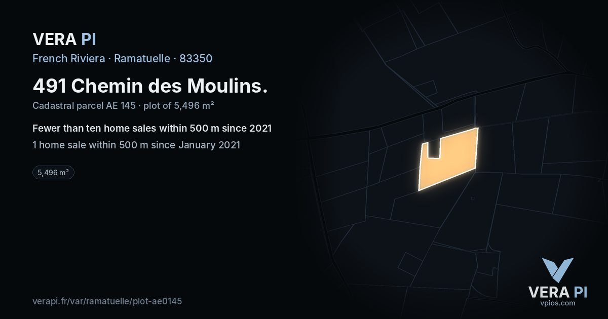 491 Chemin des Moulins, Ramatuelle at night – the plot lit, the parcels around coloured by the prices near them