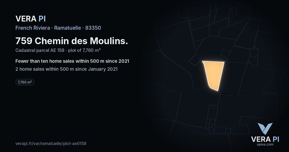 759 Chemin des Moulins, Ramatuelle at night – the plot lit, the parcels around coloured by the prices near them