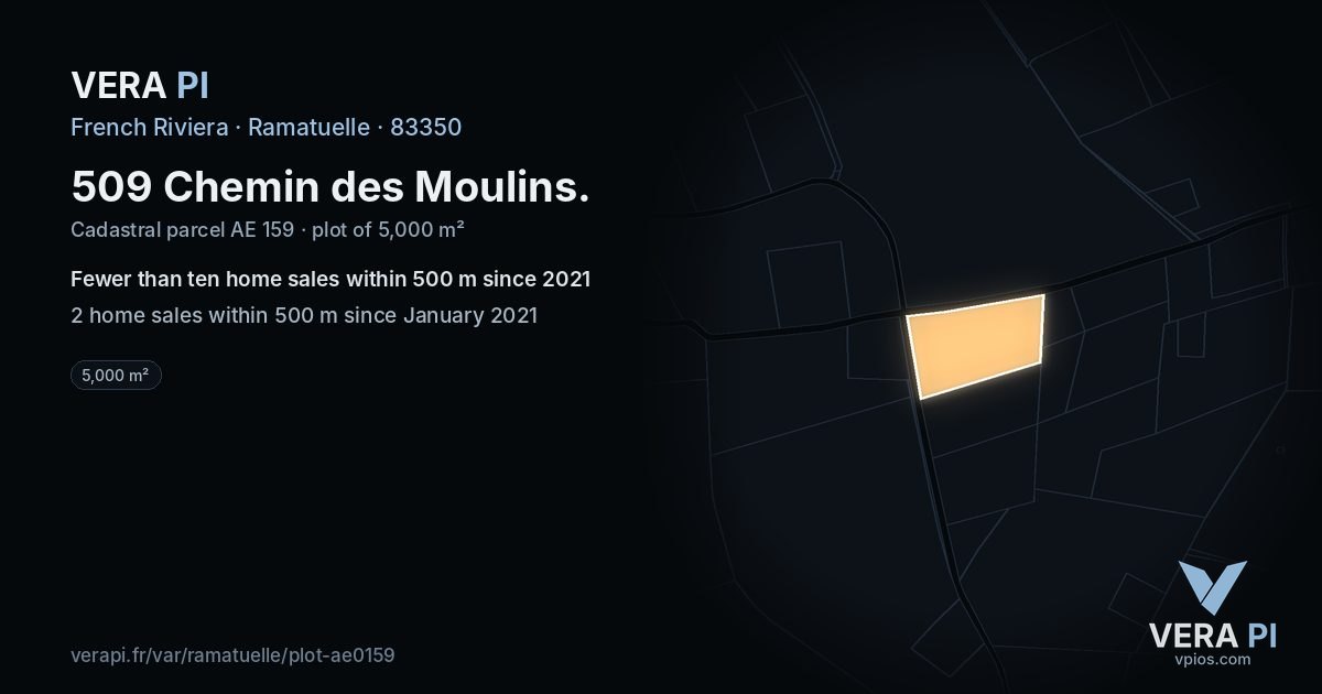 509 Chemin des Moulins, Ramatuelle at night – the plot lit, the parcels around coloured by the prices near them