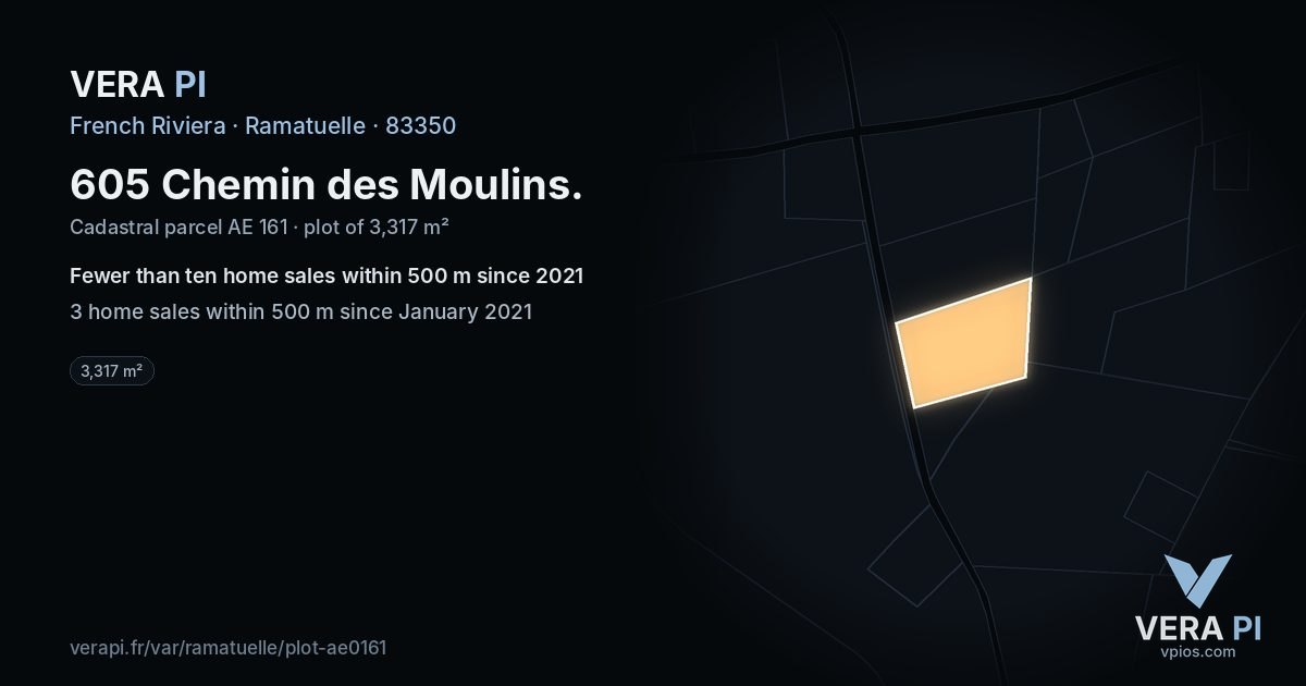 605 Chemin des Moulins, Ramatuelle at night – the plot lit, the parcels around coloured by the prices near them