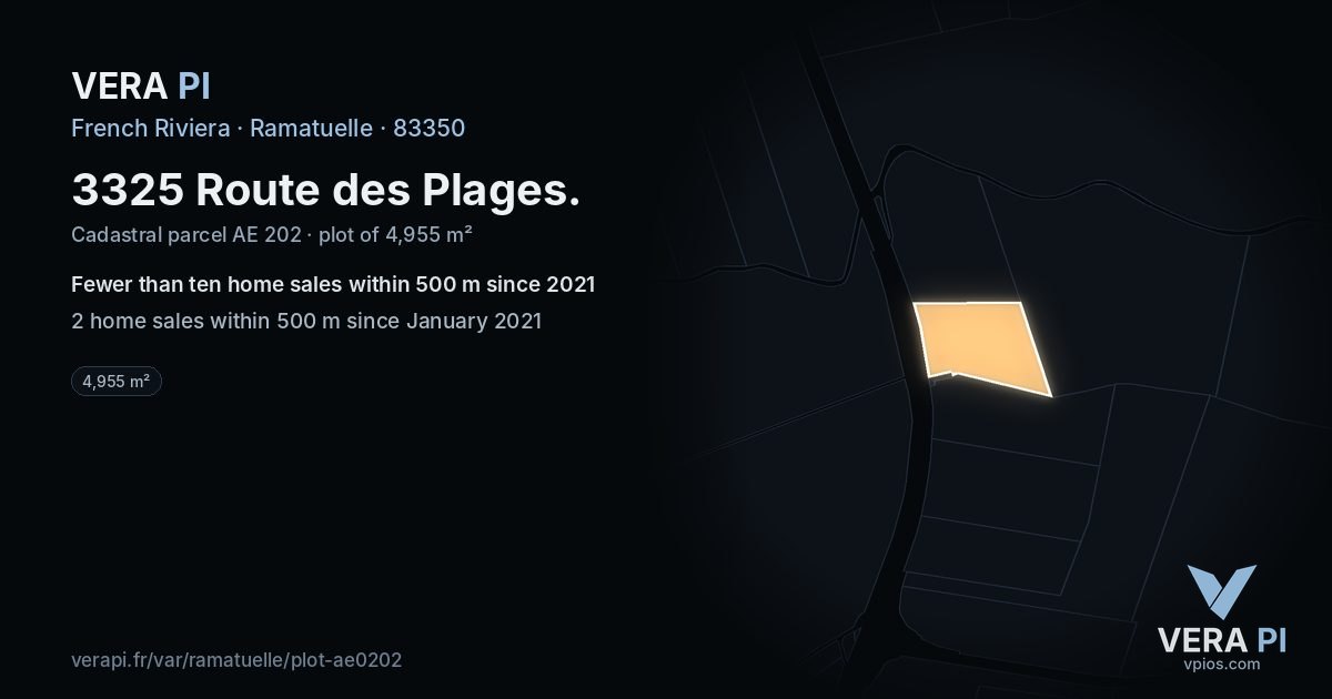 3325 Route des Plages, Ramatuelle at night – the plot lit, the parcels around coloured by the prices near them