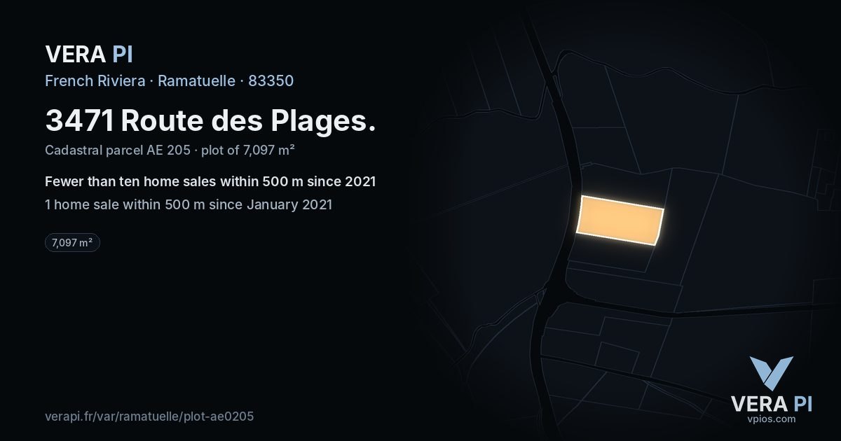 3471 Route des Plages, Ramatuelle at night – the plot lit, the parcels around coloured by the prices near them