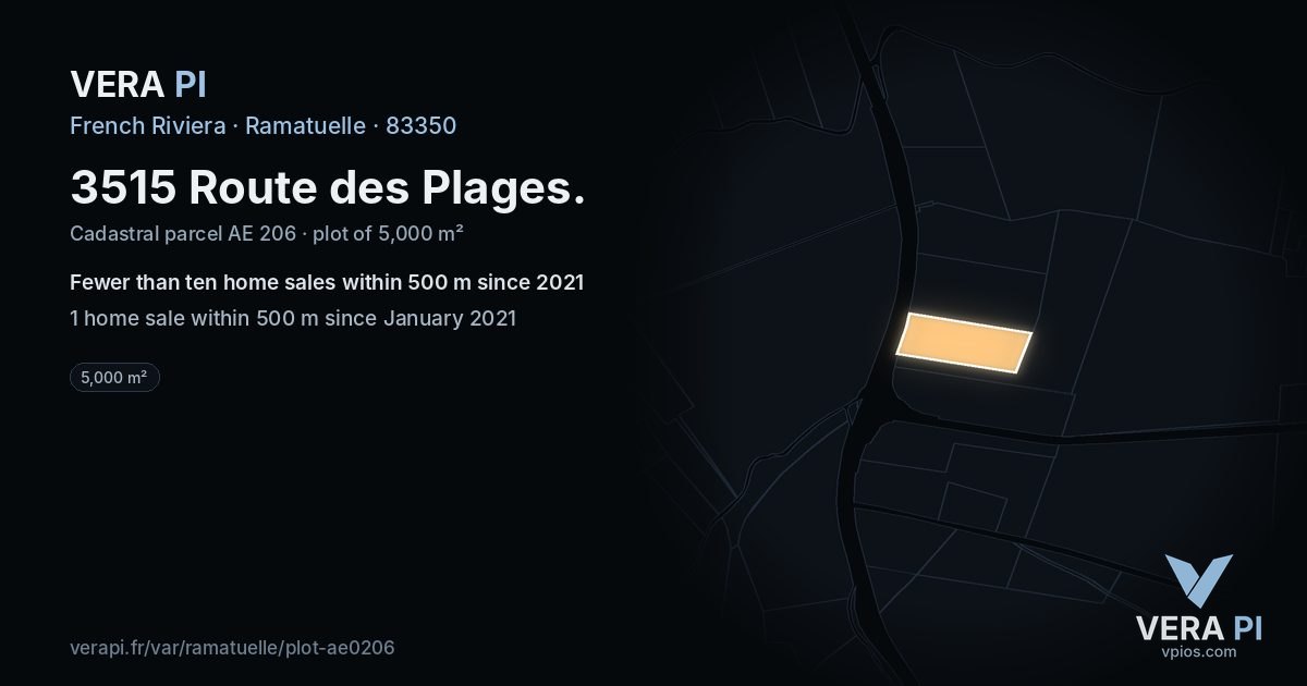 3515 Route des Plages, Ramatuelle at night – the plot lit, the parcels around coloured by the prices near them