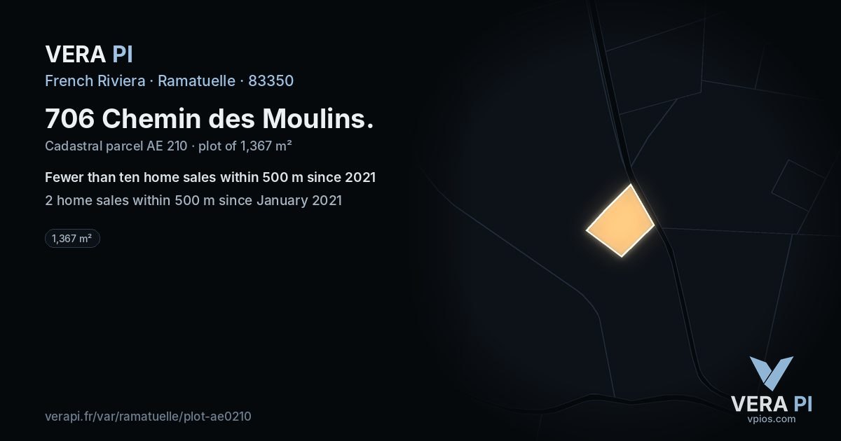 706 Chemin des Moulins, Ramatuelle at night – the plot lit, the parcels around coloured by the prices near them