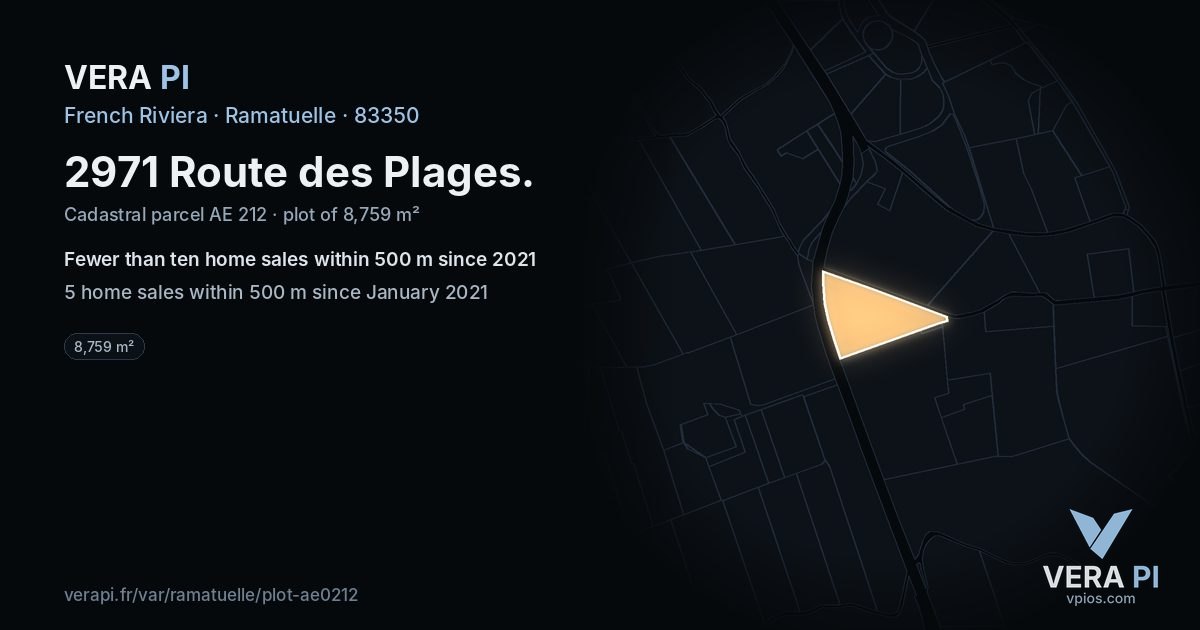 2971 Route des Plages, Ramatuelle at night – the plot lit, the parcels around coloured by the prices near them