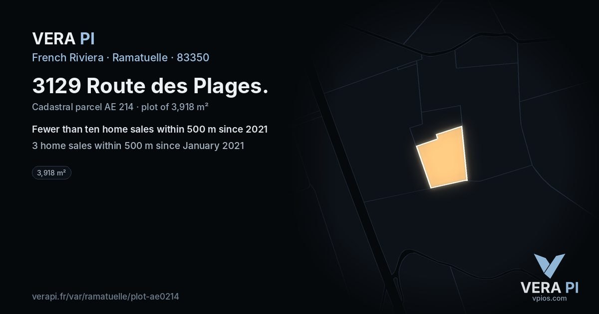 3129 Route des Plages, Ramatuelle at night – the plot lit, the parcels around coloured by the prices near them