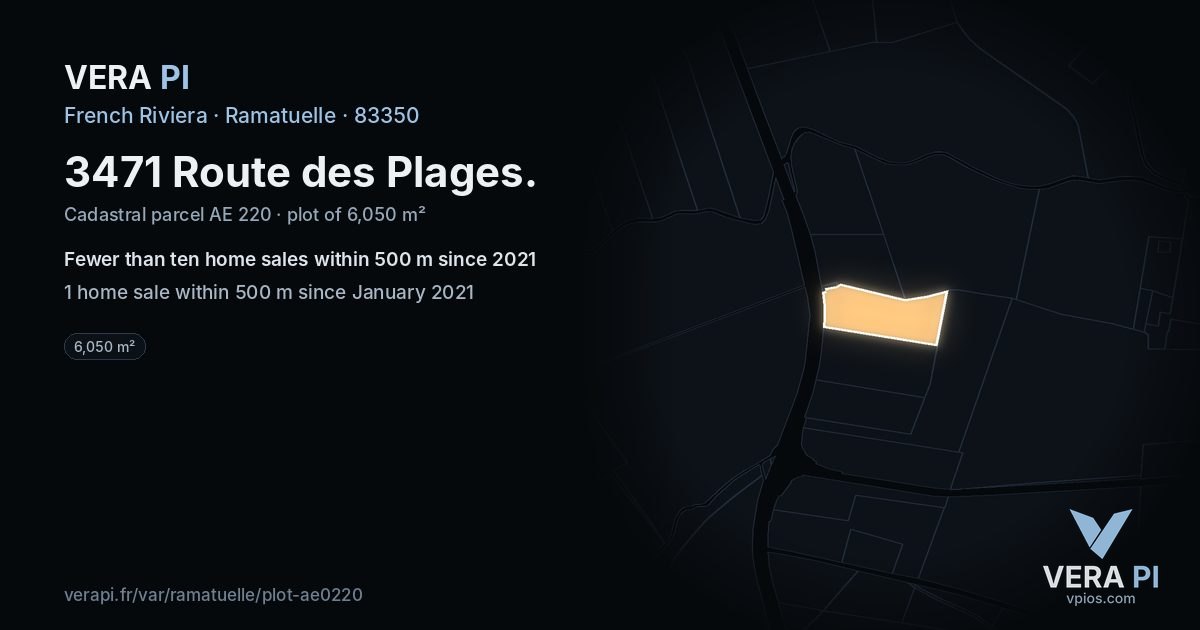 3471 Route des Plages, Ramatuelle at night – the plot lit, the parcels around coloured by the prices near them