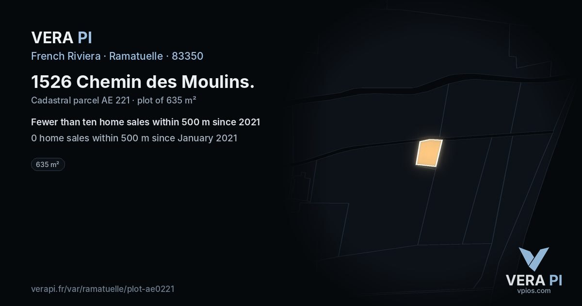 1526 Chemin des Moulins, Ramatuelle at night – the plot lit, the parcels around coloured by the prices near them