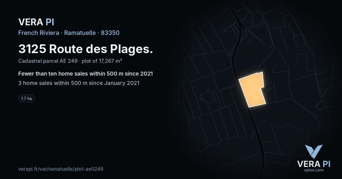 3125 Route des Plages, Ramatuelle at night – the plot lit, the parcels around coloured by the prices near them