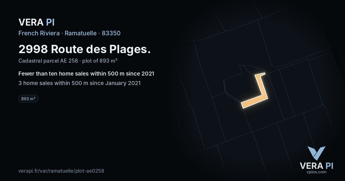 2998 Route des Plages, Ramatuelle at night – the plot lit, the parcels around coloured by the prices near them
