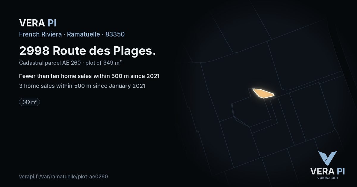 2998 Route des Plages, Ramatuelle at night – the plot lit, the parcels around coloured by the prices near them