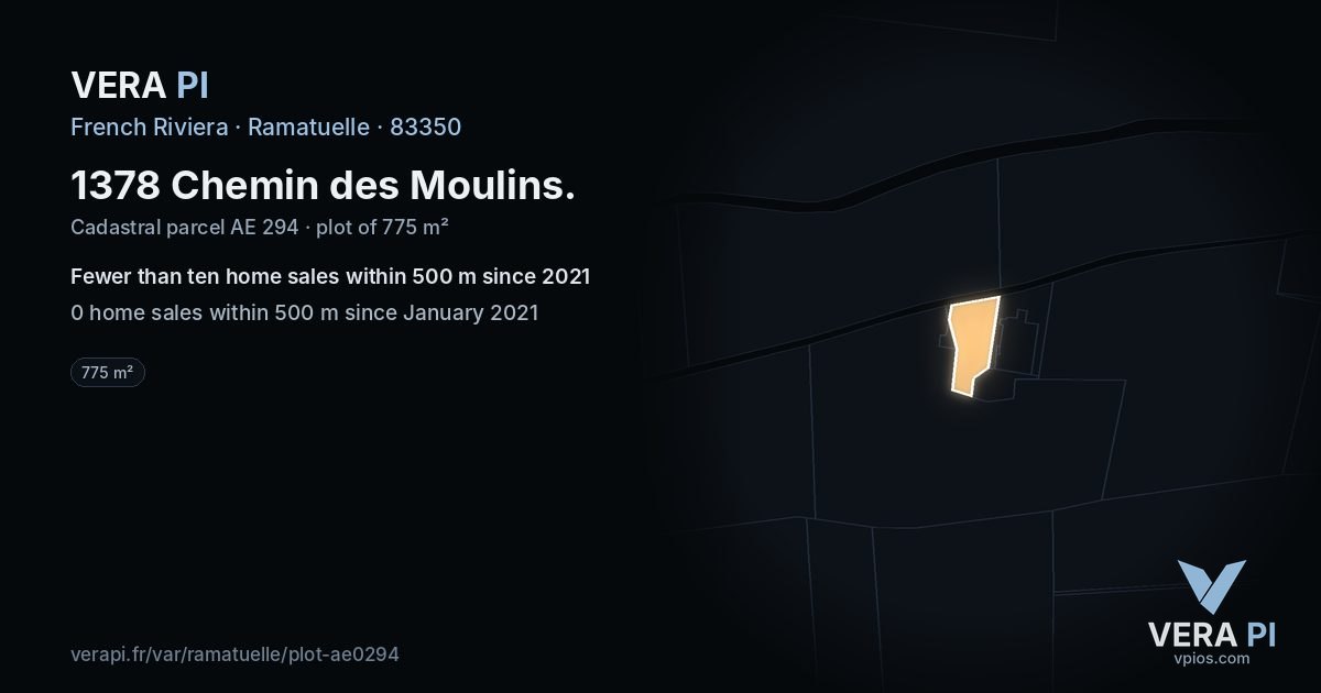 1378 Chemin des Moulins, Ramatuelle at night – the plot lit, the parcels around coloured by the prices near them