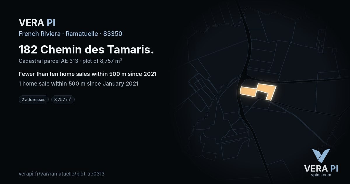 182 Chemin des Tamaris, Ramatuelle at night – the plot lit, the parcels around coloured by the prices near them