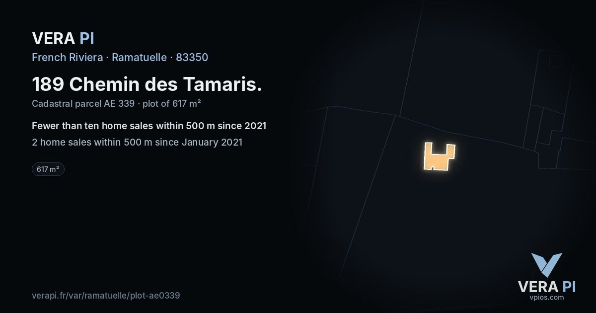 189 Chemin des Tamaris, Ramatuelle at night – the plot lit, the parcels around coloured by the prices near them