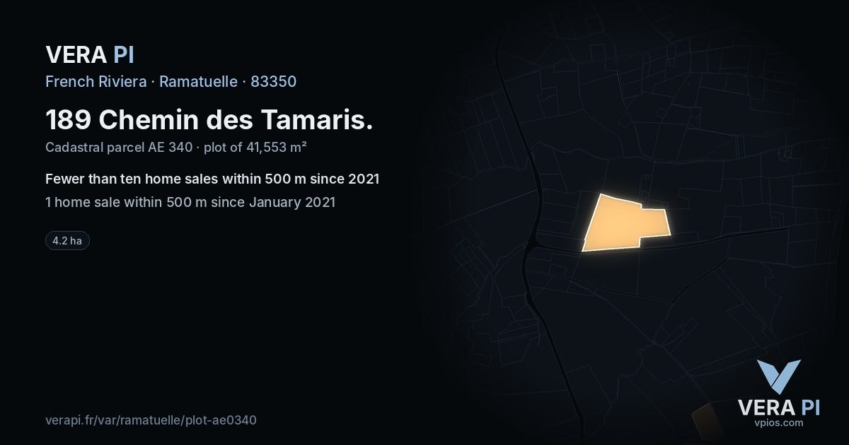 189 Chemin des Tamaris, Ramatuelle at night – the plot lit, the parcels around coloured by the prices near them