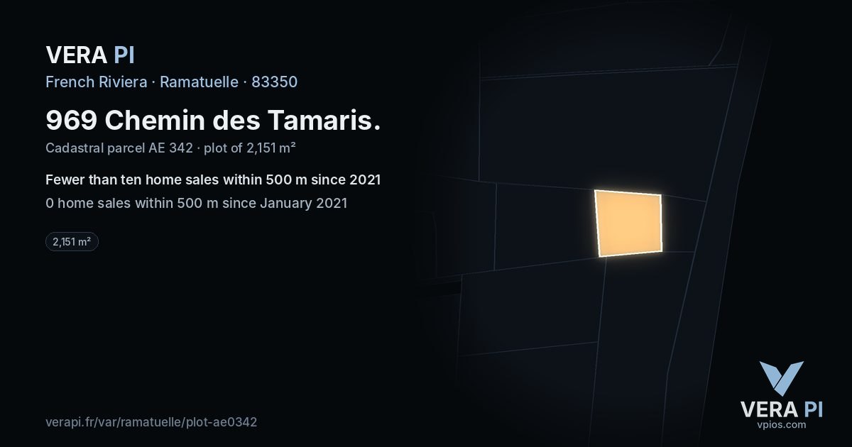 969 Chemin des Tamaris, Ramatuelle at night – the plot lit, the parcels around coloured by the prices near them