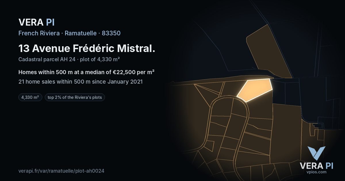13 Avenue Frédéric Mistral, Ramatuelle at night – the plot lit, the parcels around coloured by the prices near them