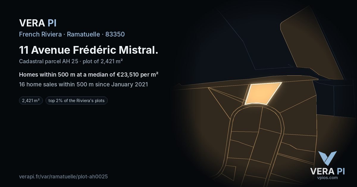 11 Avenue Frédéric Mistral, Ramatuelle at night – the plot lit, the parcels around coloured by the prices near them
