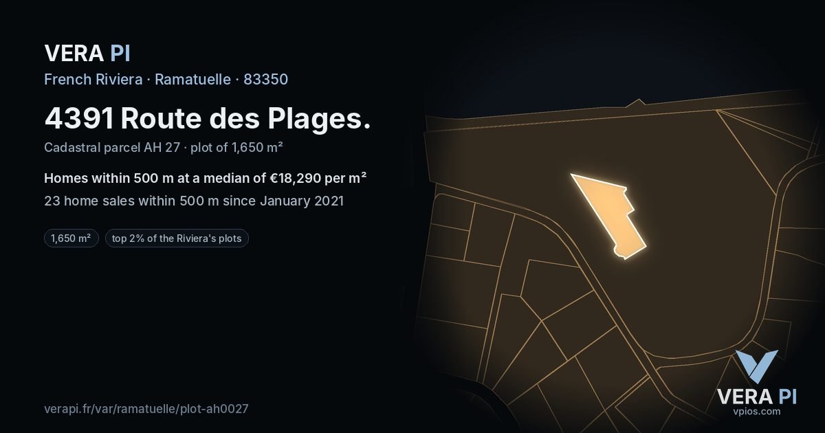 4391 Route des Plages, Ramatuelle at night – the plot lit, the parcels around coloured by the prices near them