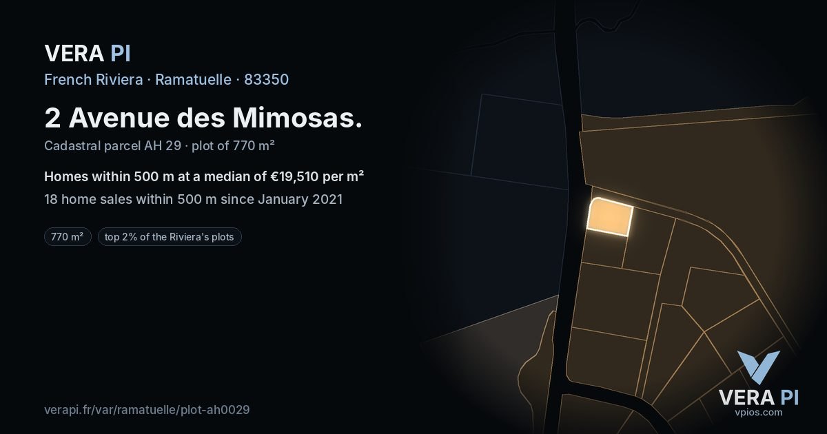 2 Avenue des Mimosas, Ramatuelle at night – the plot lit, the parcels around coloured by the prices near them
