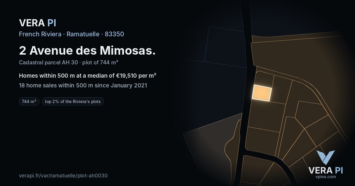 2 Avenue des Mimosas, Ramatuelle at night – the plot lit, the parcels around coloured by the prices near them