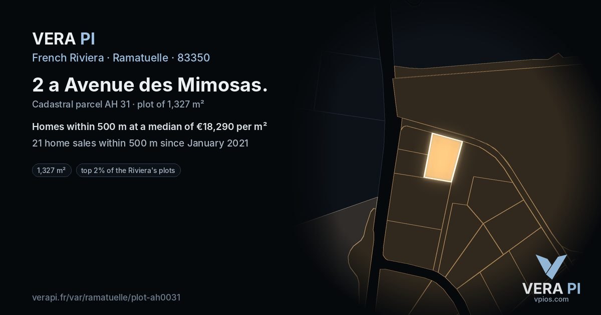 2 a Avenue des Mimosas, Ramatuelle at night – the plot lit, the parcels around coloured by the prices near them