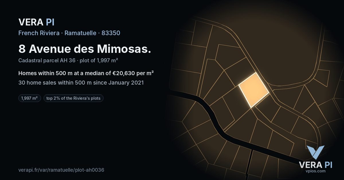 8 Avenue des Mimosas, Ramatuelle at night – the plot lit, the parcels around coloured by the prices near them