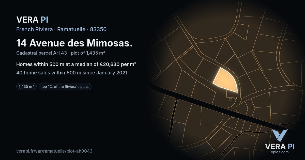 14 Avenue des Mimosas, Ramatuelle at night – the plot lit, the parcels around coloured by the prices near them
