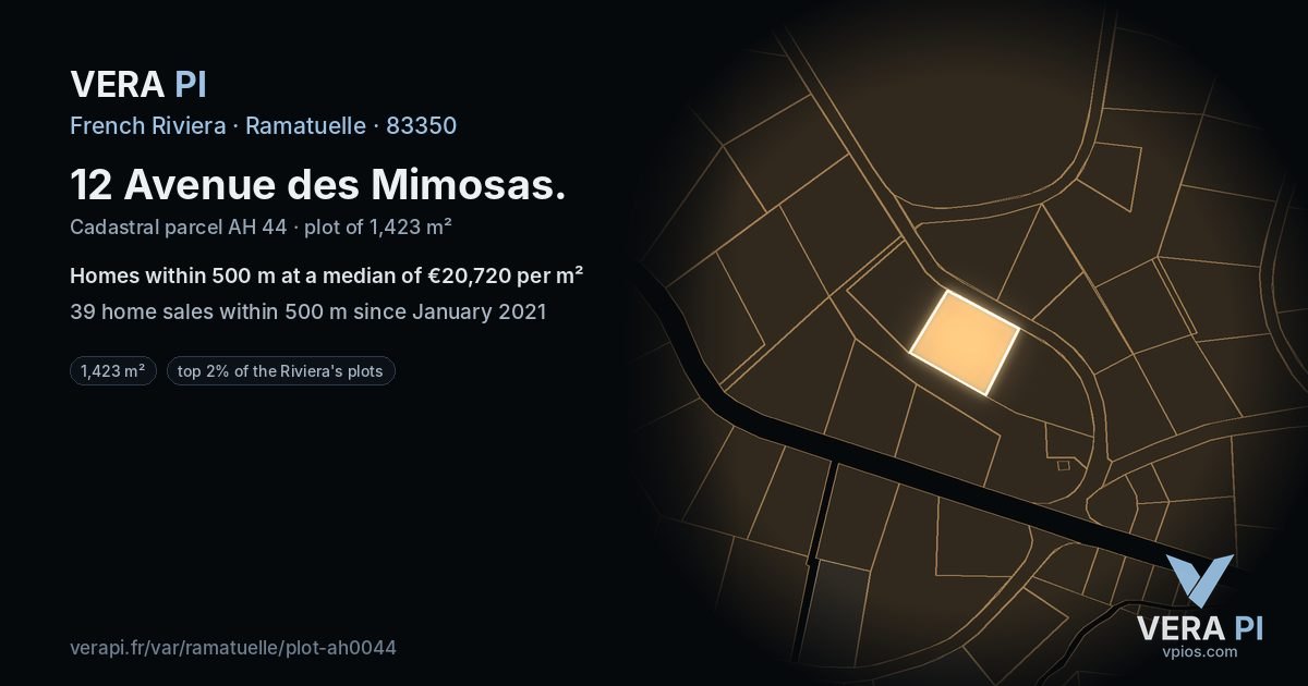 12 Avenue des Mimosas, Ramatuelle at night – the plot lit, the parcels around coloured by the prices near them