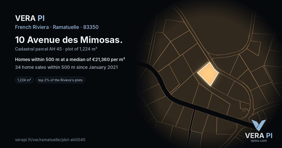 10 Avenue des Mimosas, Ramatuelle at night – the plot lit, the parcels around coloured by the prices near them