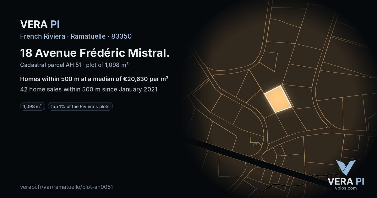 18 Avenue Frédéric Mistral, Ramatuelle at night – the plot lit, the parcels around coloured by the prices near them
