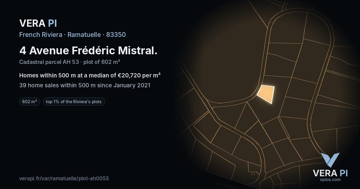 4 Avenue Frédéric Mistral, Ramatuelle at night – the plot lit, the parcels around coloured by the prices near them