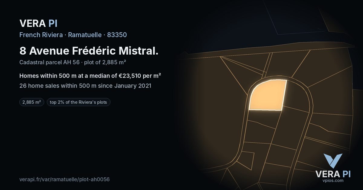 8 Avenue Frédéric Mistral, Ramatuelle at night – the plot lit, the parcels around coloured by the prices near them