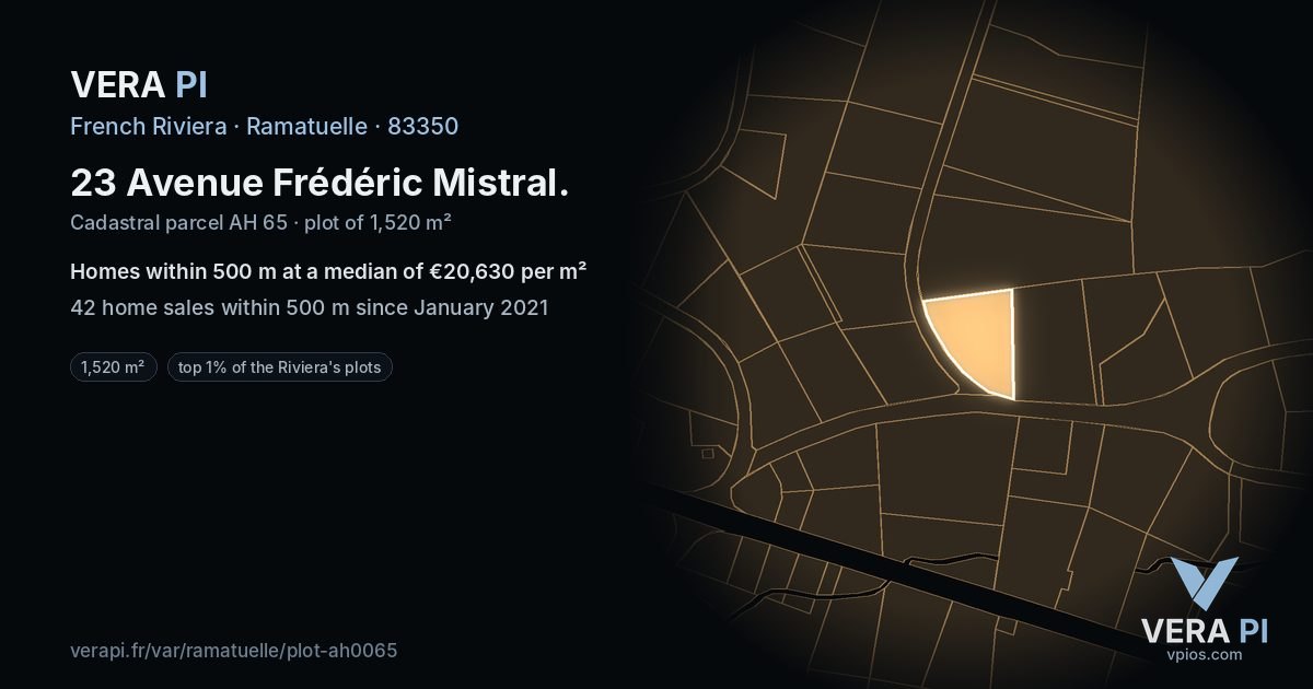 23 Avenue Frédéric Mistral, Ramatuelle at night – the plot lit, the parcels around coloured by the prices near them