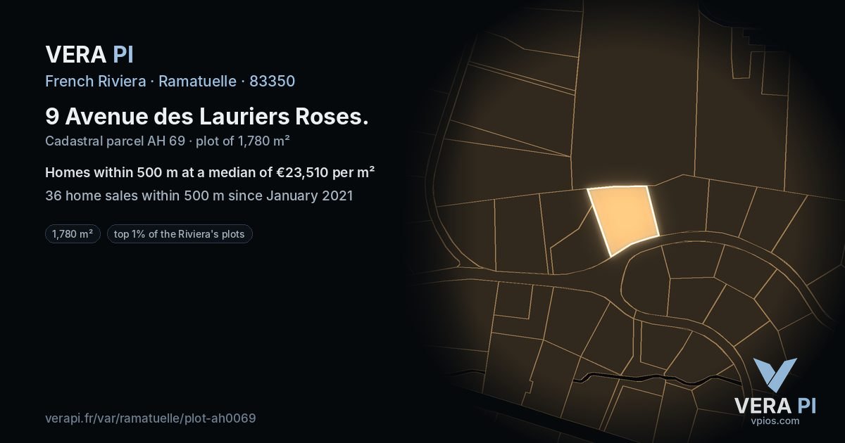 9 Avenue des Lauriers Roses, Ramatuelle at night – the plot lit, the parcels around coloured by the prices near them