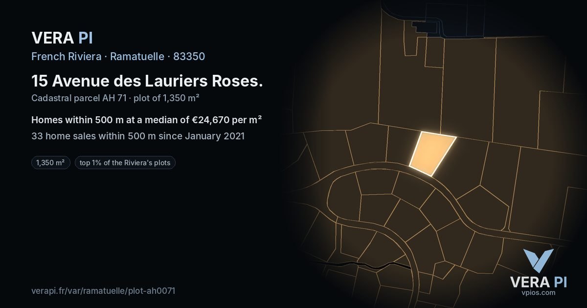 15 Avenue des Lauriers Roses, Ramatuelle at night – the plot lit, the parcels around coloured by the prices near them