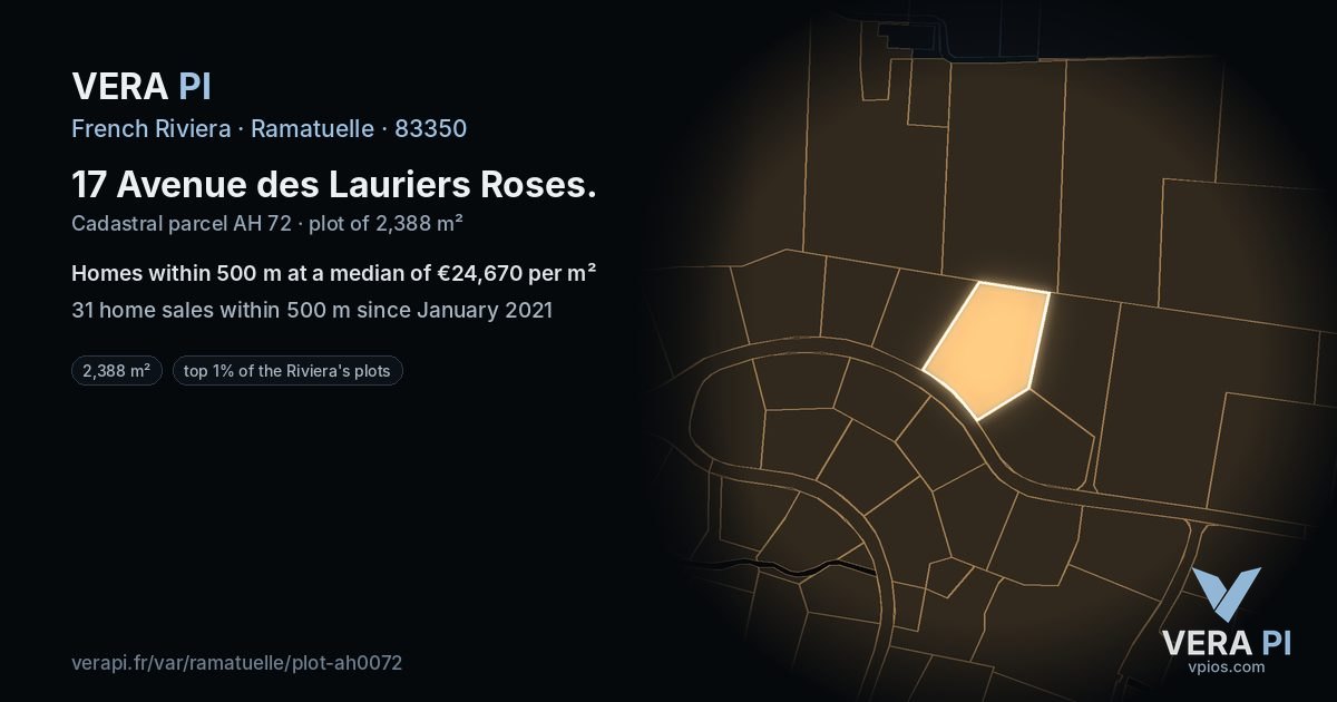 17 Avenue des Lauriers Roses, Ramatuelle at night – the plot lit, the parcels around coloured by the prices near them