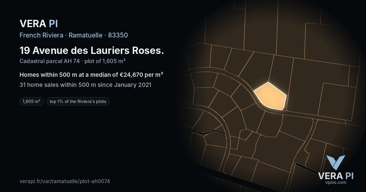 19 Avenue des Lauriers Roses, Ramatuelle at night – the plot lit, the parcels around coloured by the prices near them