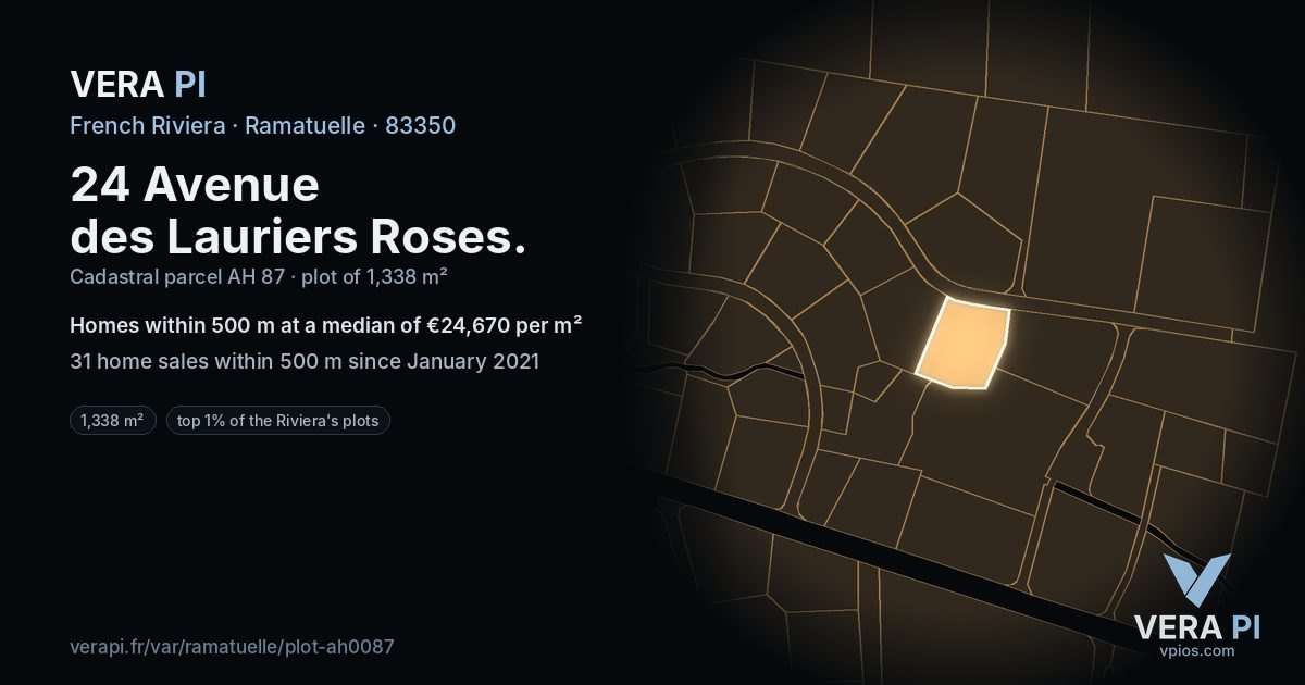 24 Avenue des Lauriers Roses, Ramatuelle at night – the plot lit, the parcels around coloured by the prices near them