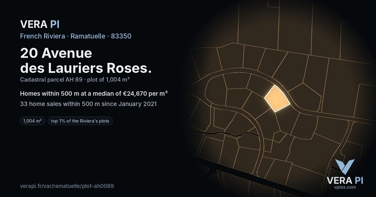 20 Avenue des Lauriers Roses, Ramatuelle at night – the plot lit, the parcels around coloured by the prices near them