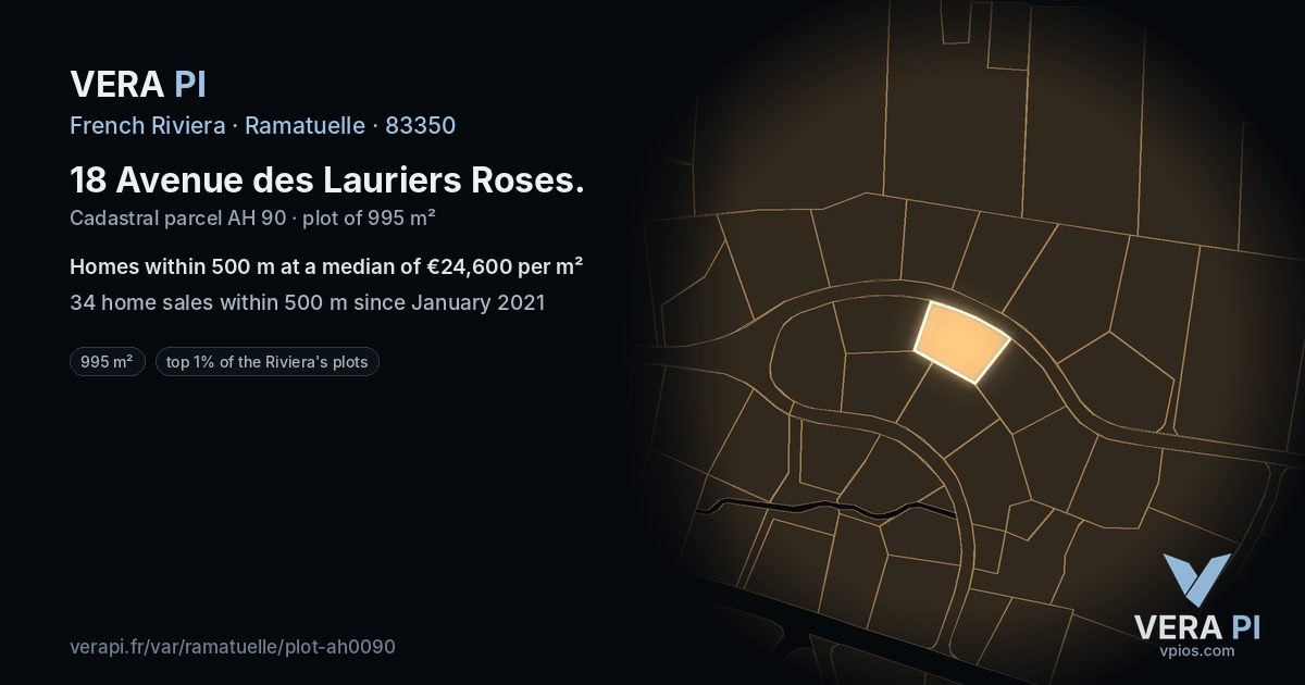 18 Avenue des Lauriers Roses, Ramatuelle at night – the plot lit, the parcels around coloured by the prices near them