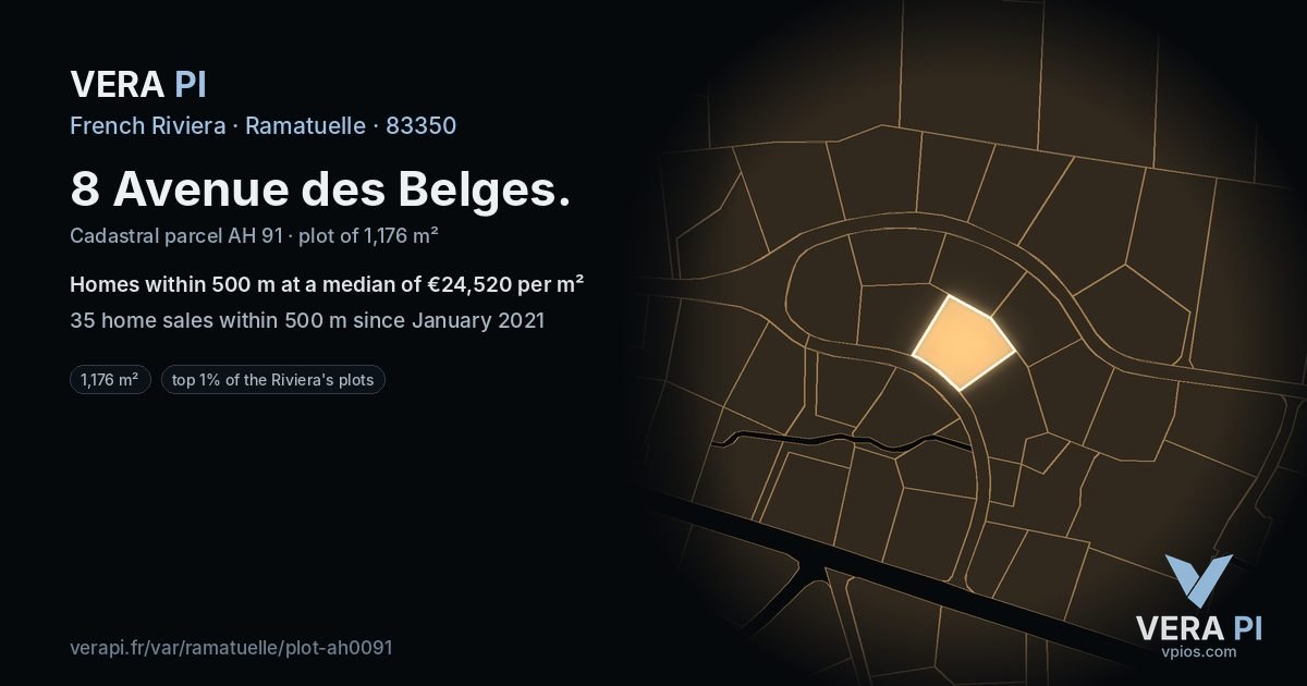 8 Avenue des Belges, Ramatuelle at night – the plot lit, the parcels around coloured by the prices near them