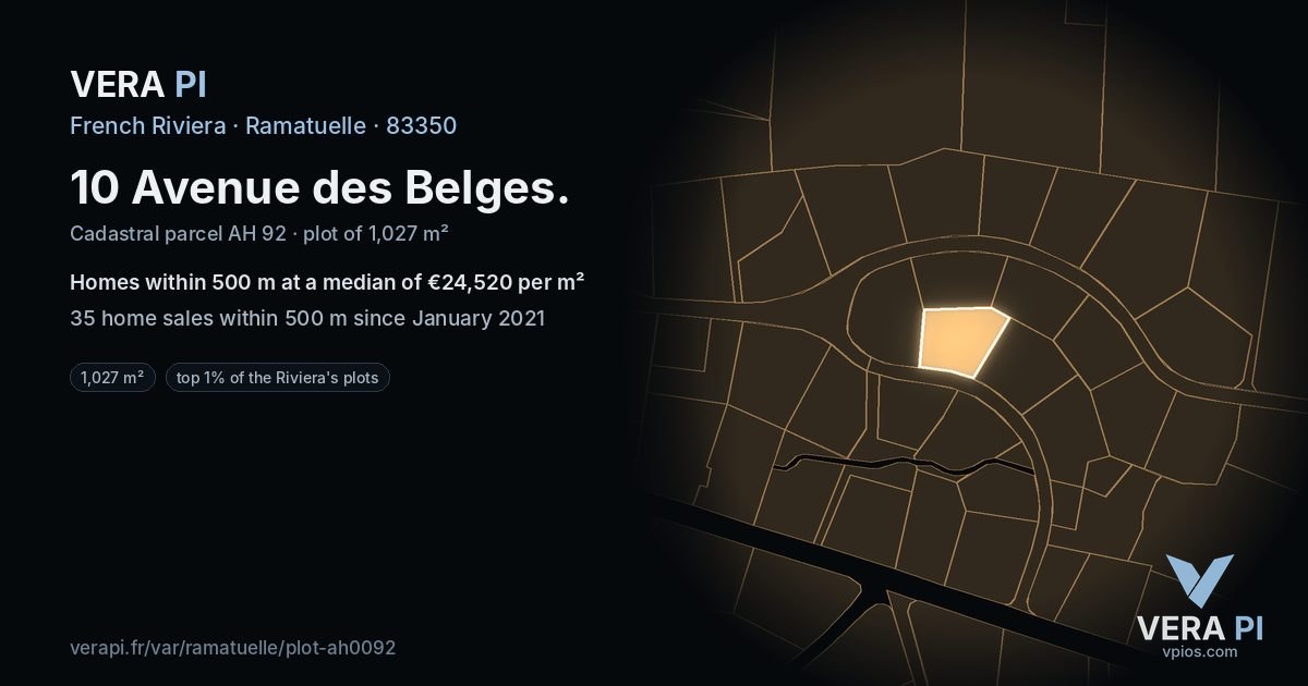 10 Avenue des Belges, Ramatuelle at night – the plot lit, the parcels around coloured by the prices near them
