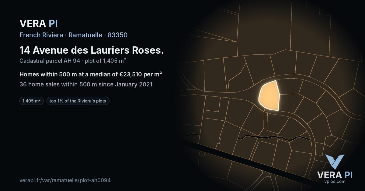 14 Avenue des Lauriers Roses, Ramatuelle at night – the plot lit, the parcels around coloured by the prices near them
