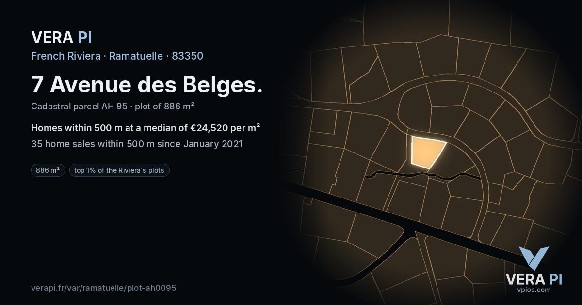 7 Avenue des Belges, Ramatuelle at night – the plot lit, the parcels around coloured by the prices near them
