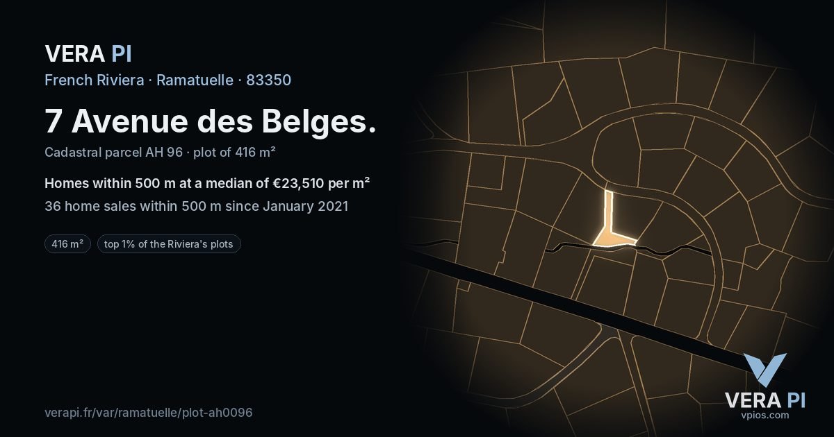 7 Avenue des Belges, Ramatuelle at night – the plot lit, the parcels around coloured by the prices near them